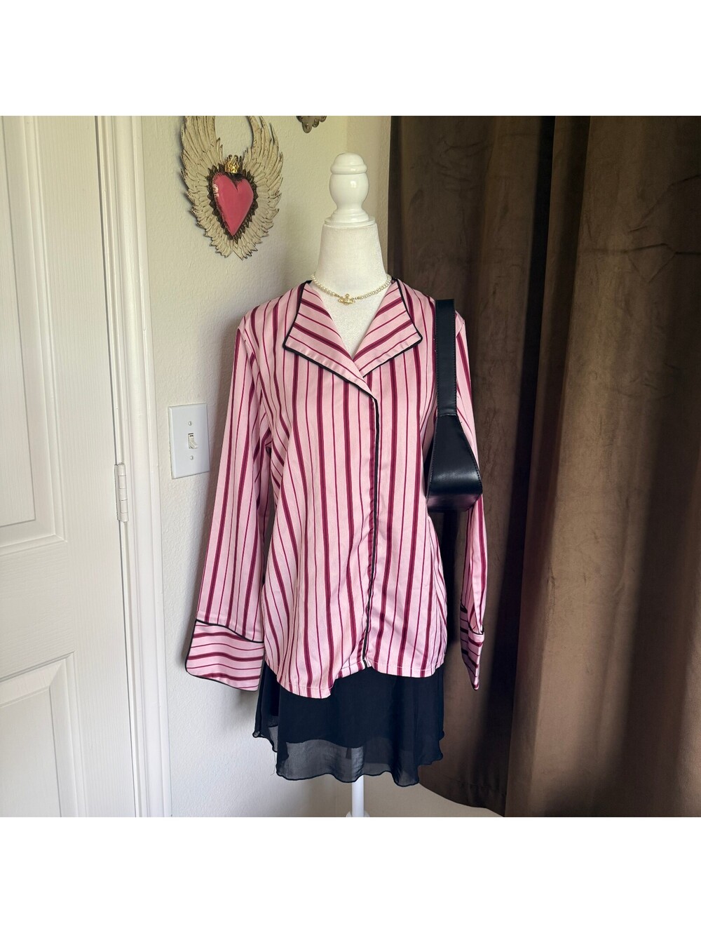 Y2K Pink Striped Satin Pajama Shirt Contrast Piping Uniqlo Jeans